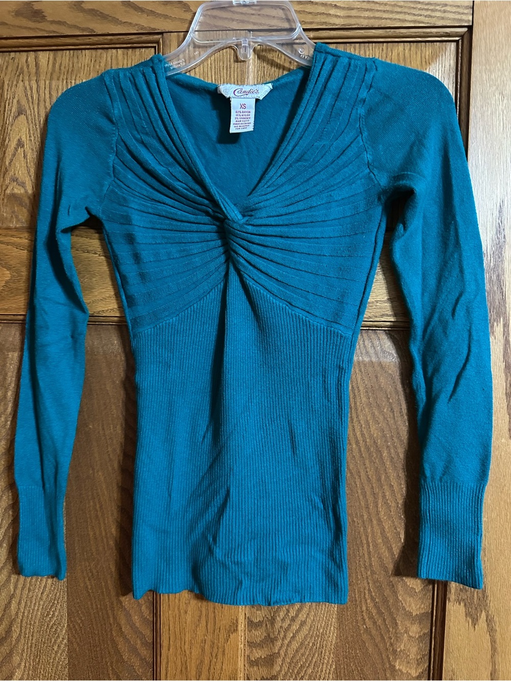Candie's Teal Twist V-Neck Ribbed Long Sleeve Top